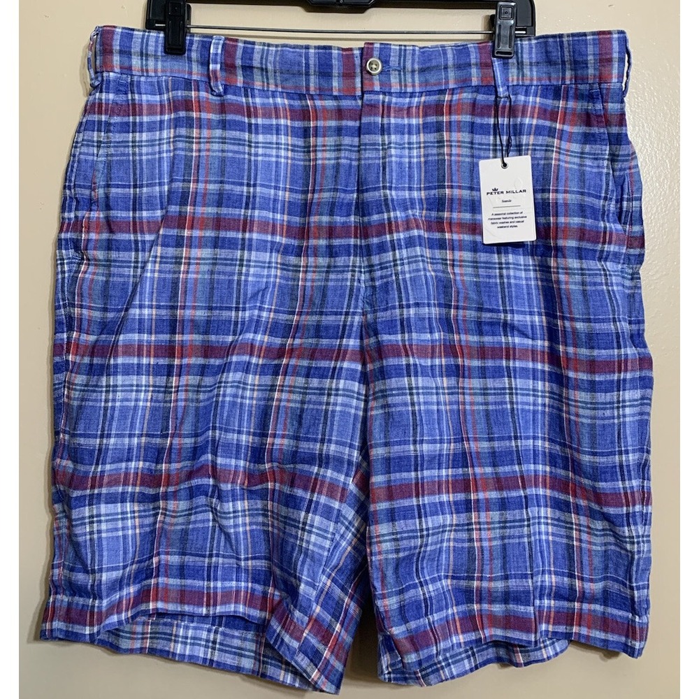 NEW Peter Millar Seaside Men's Size 36 Linen Blue Madras Plaid Check Shorts